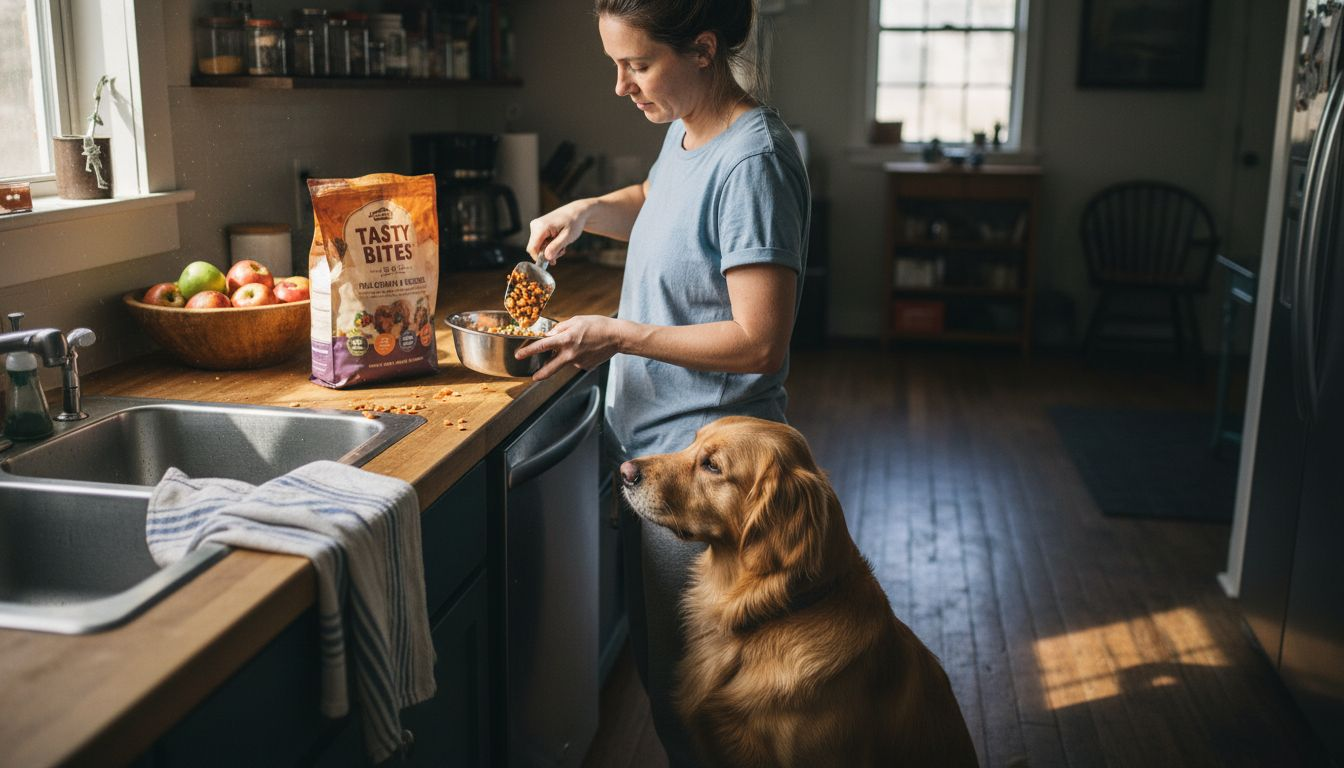 Dog and owner preparing nutritious meal in kitchen