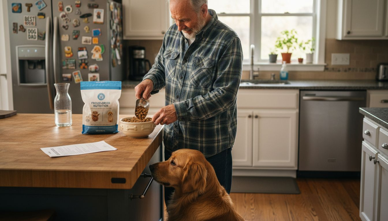 Dog owner preparing freeze dried dog food