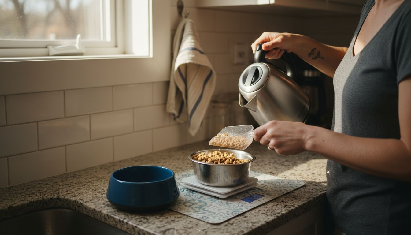 Woman rehydrating freeze dried dog food