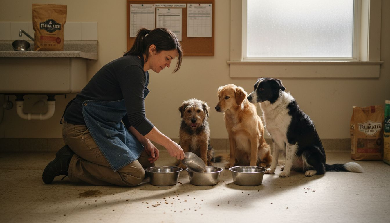 Shelter worker preparing nutritious dog meals