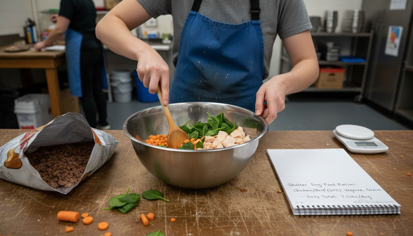 Preparing balanced dog meal with fresh ingredients