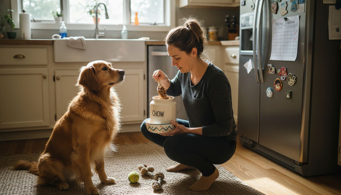 Dog and owner in kitchen preparing healthy food