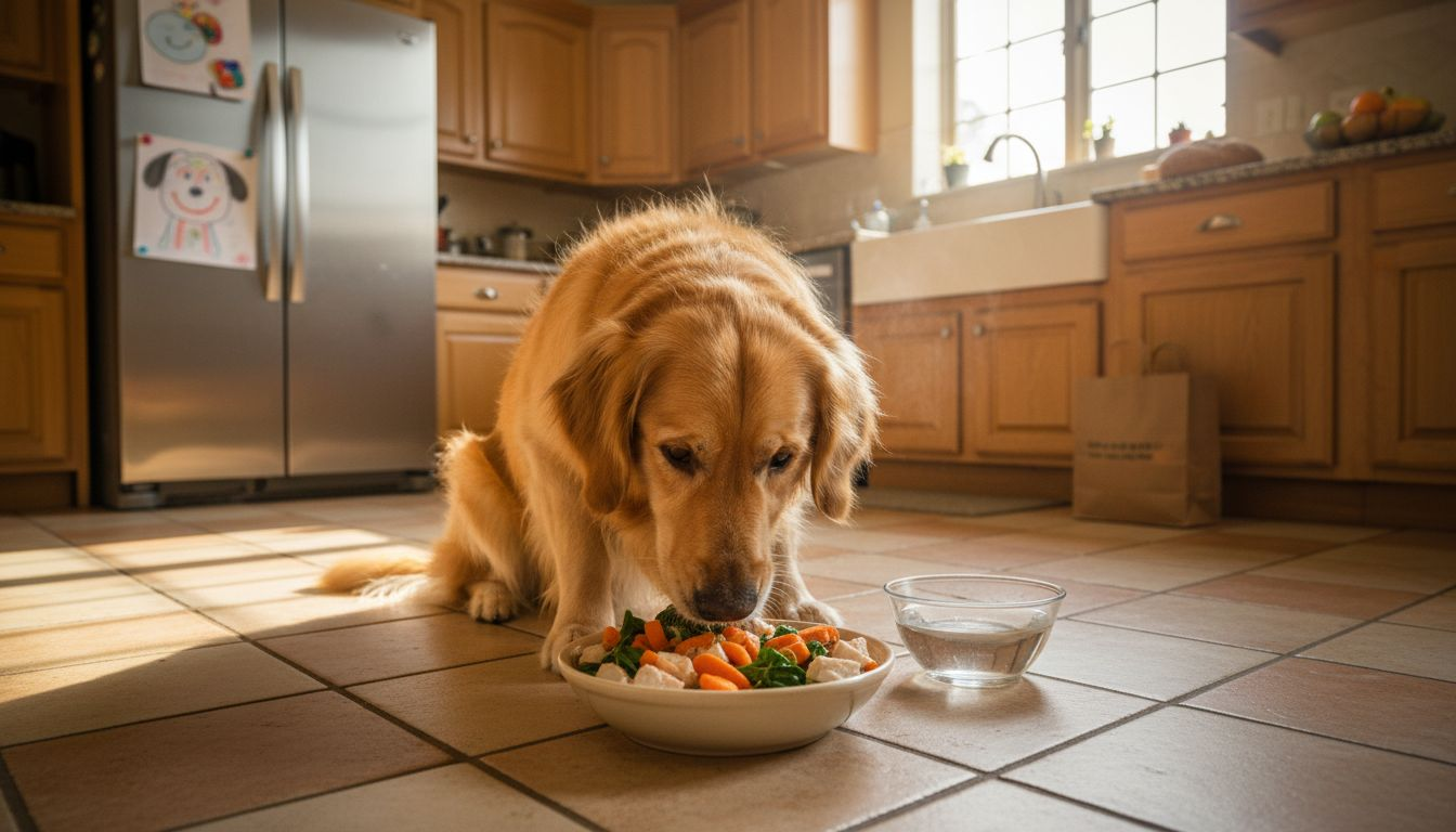 Dog eating whole natural food in bright kitchen
