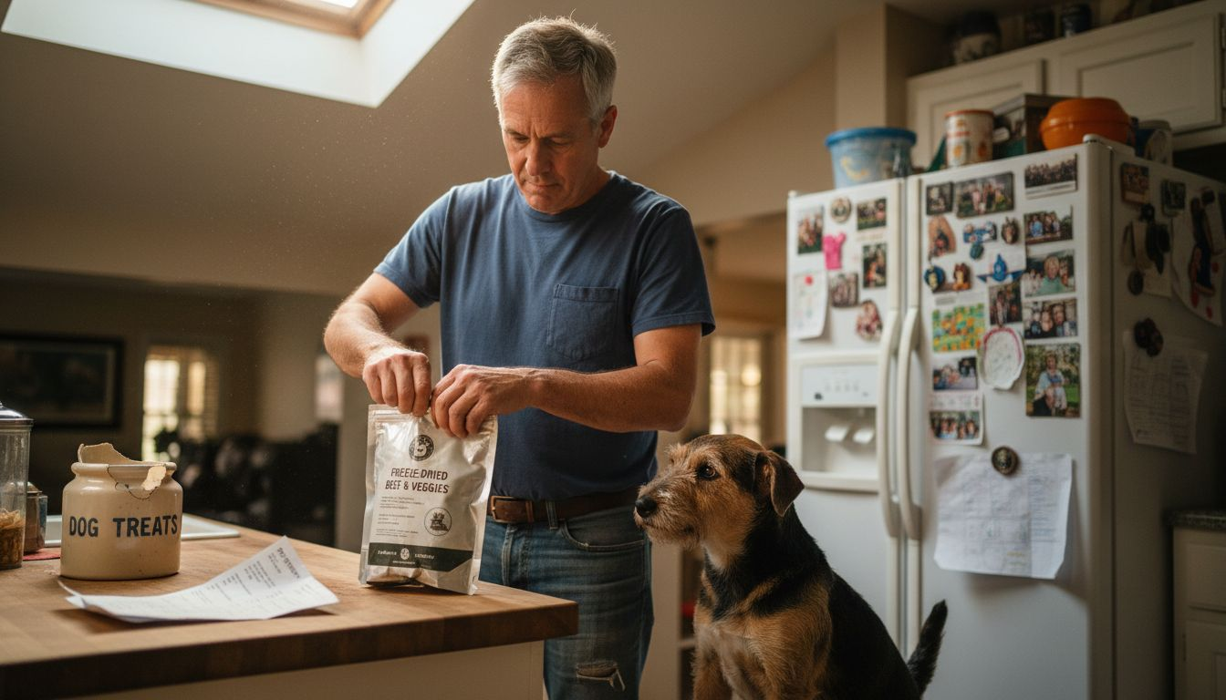 Dog watching owner open freeze-dried food