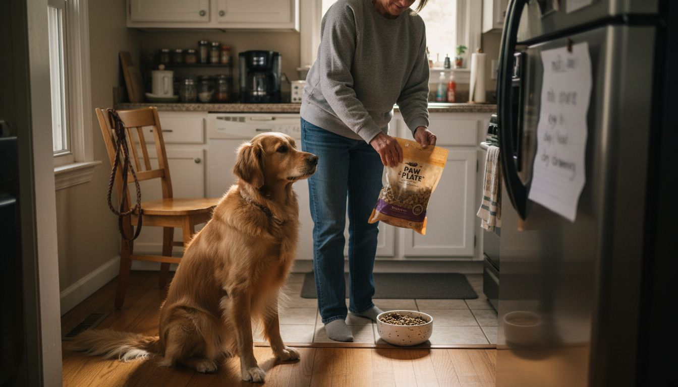 Dog owner prepping new food in kitchen