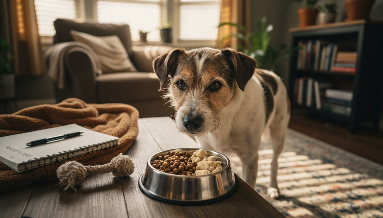 Dog sniffing new and old food mix