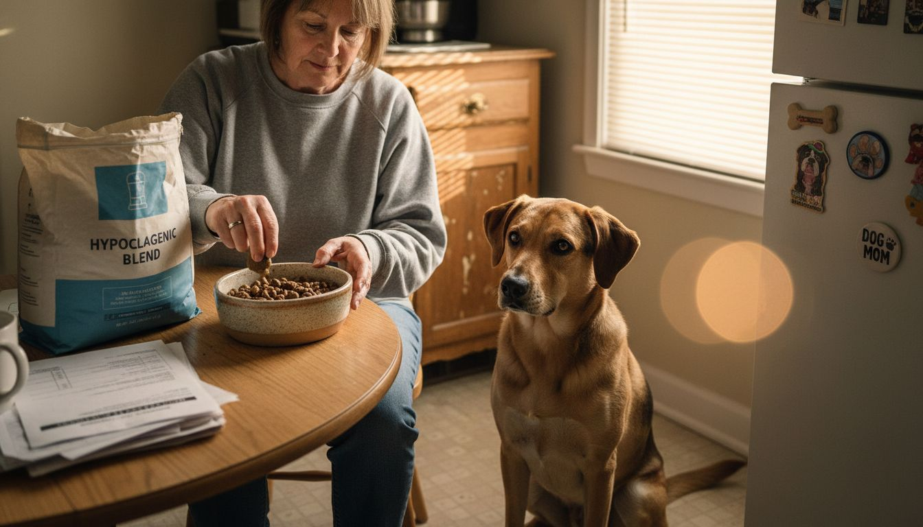 Woman preparing allergy-friendly dog food for pet