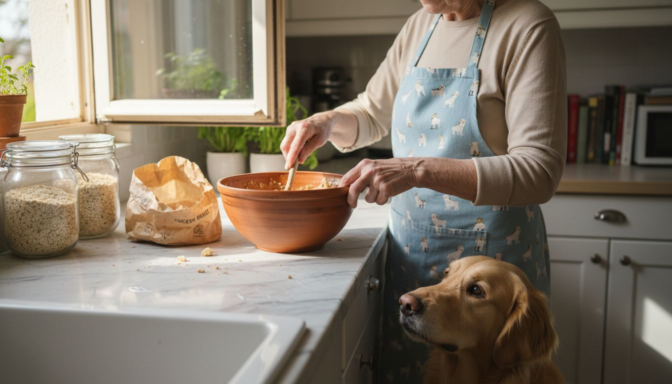 Preparing human grade dog food in kitchen