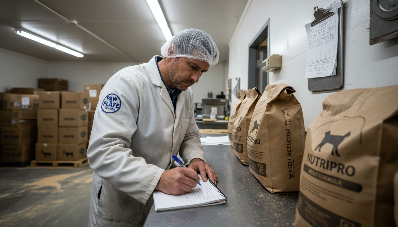 Worker checking dog food production area
