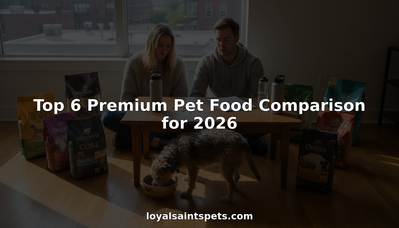 Couple and dog comparing various premium pet foods