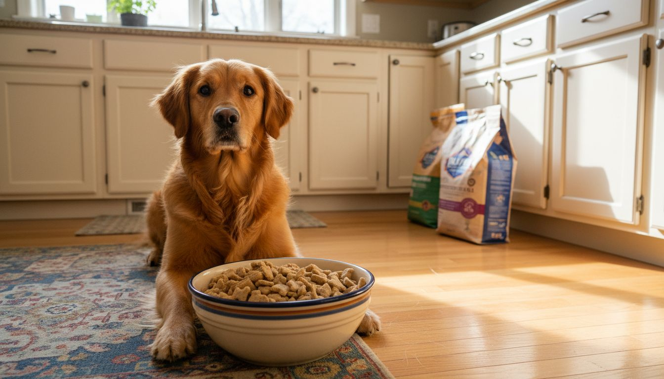 Golden retriever beside freeze-dried dog food bowl