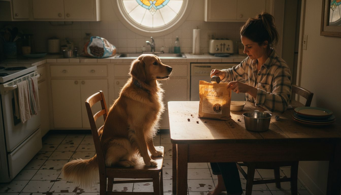 Dog and owner preparing freeze-dried meal