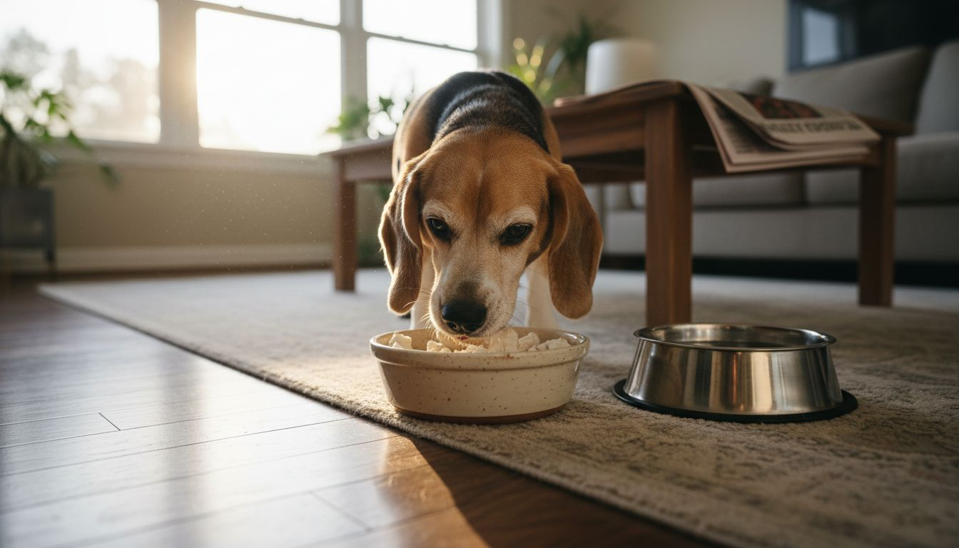 Beagle eating freeze-dried food in home