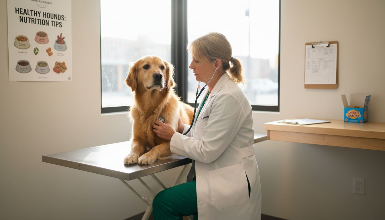 Veterinarian examines golden retriever in exam room