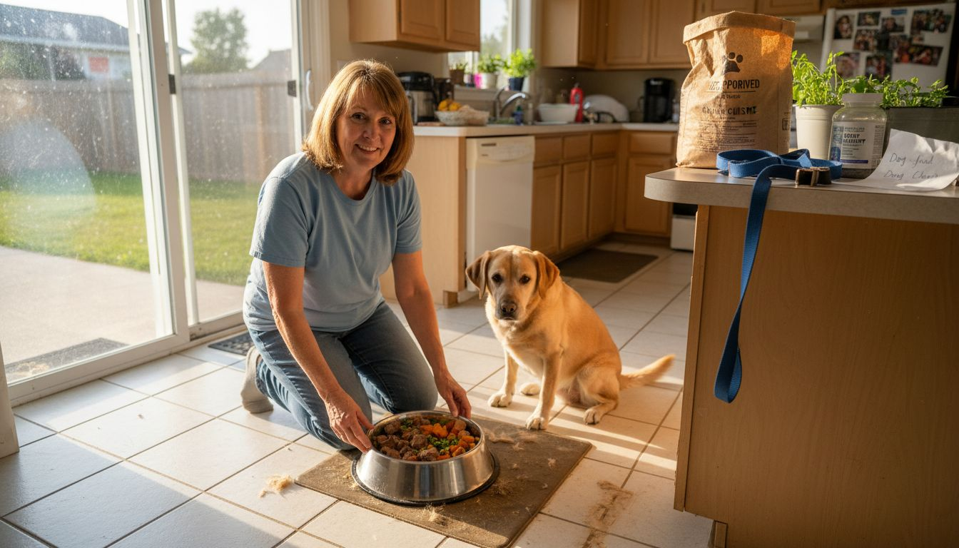 Dog receives healthy meal in family kitchen