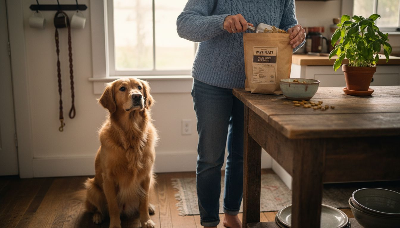 Dog waiting for freeze-dried food in cozy kitchen