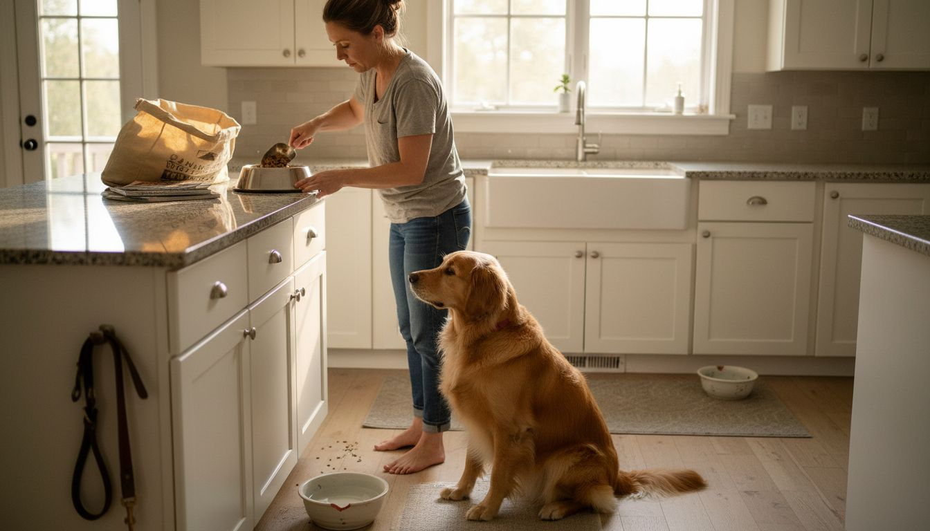 Dog eating nutritious meal in kitchen