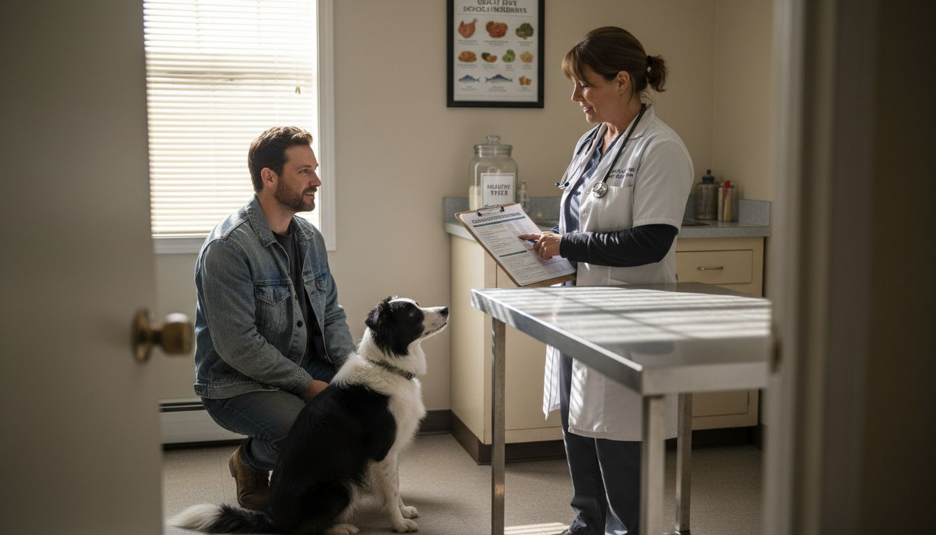 Vet consulting owner about dog diet