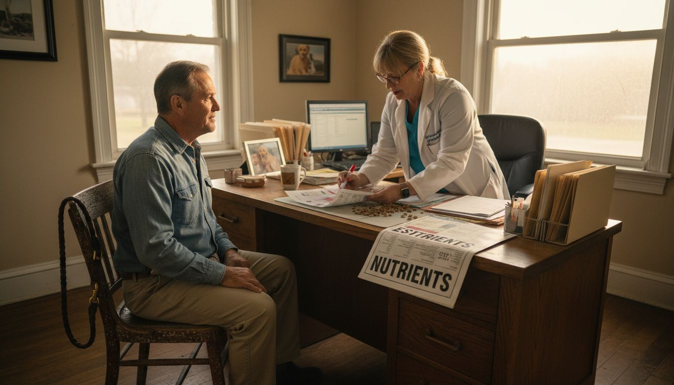 Pet owner at nutrition consultation desk