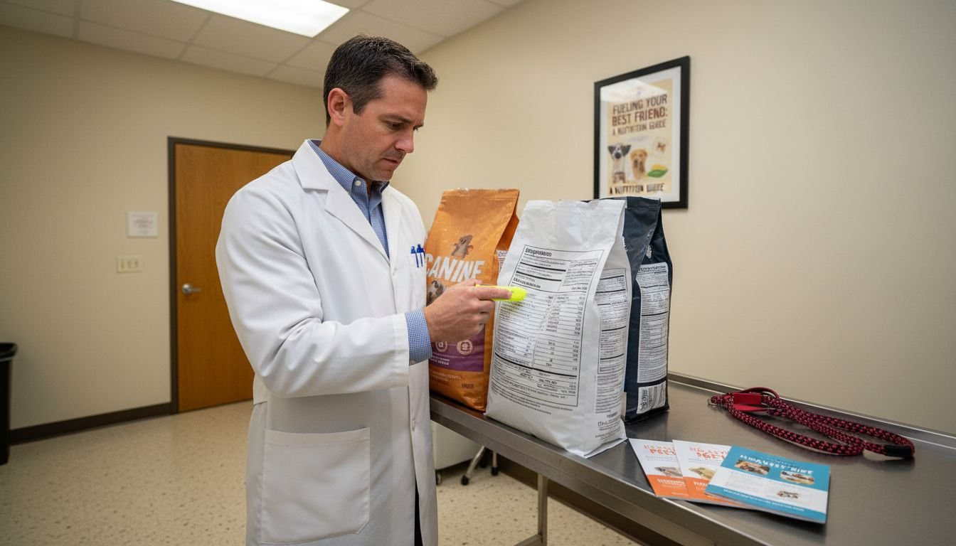 Vet explaining dog food ingredient list