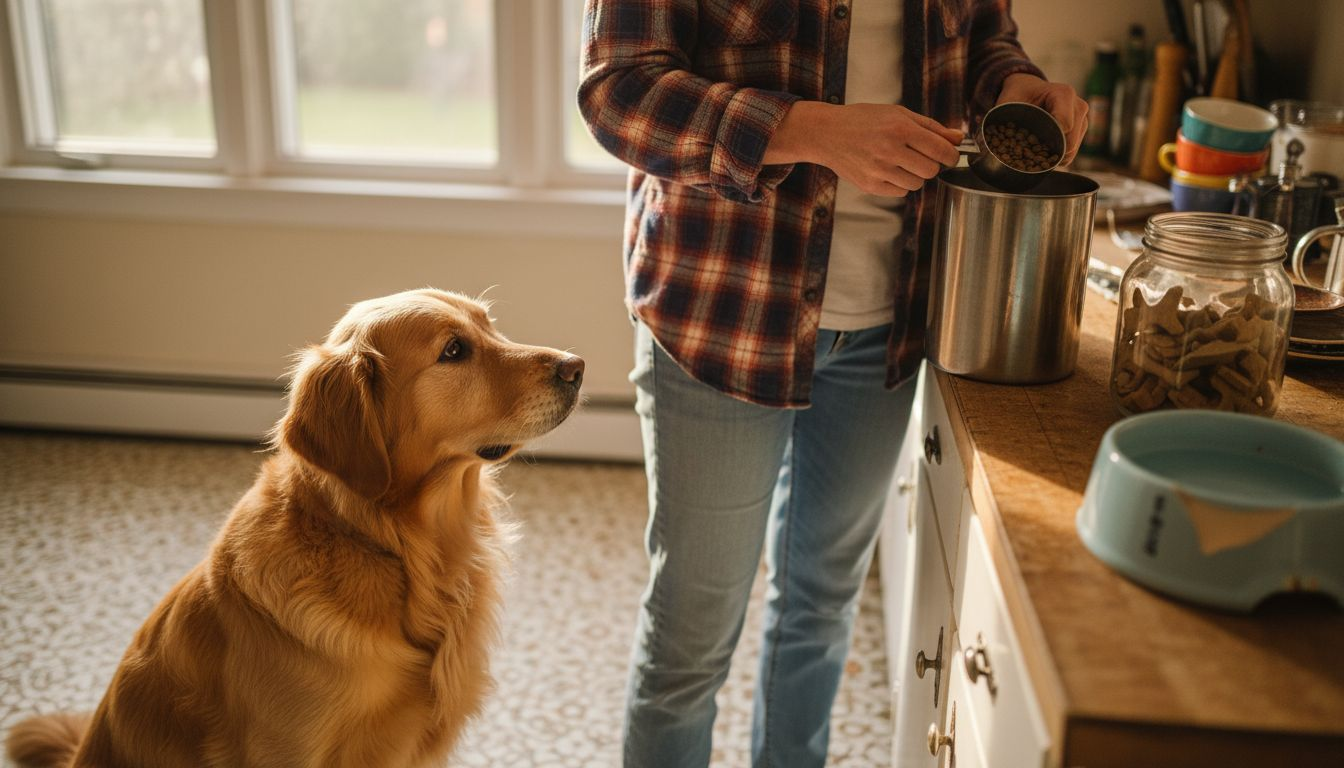 Dog watching owner prepare food in kitchen