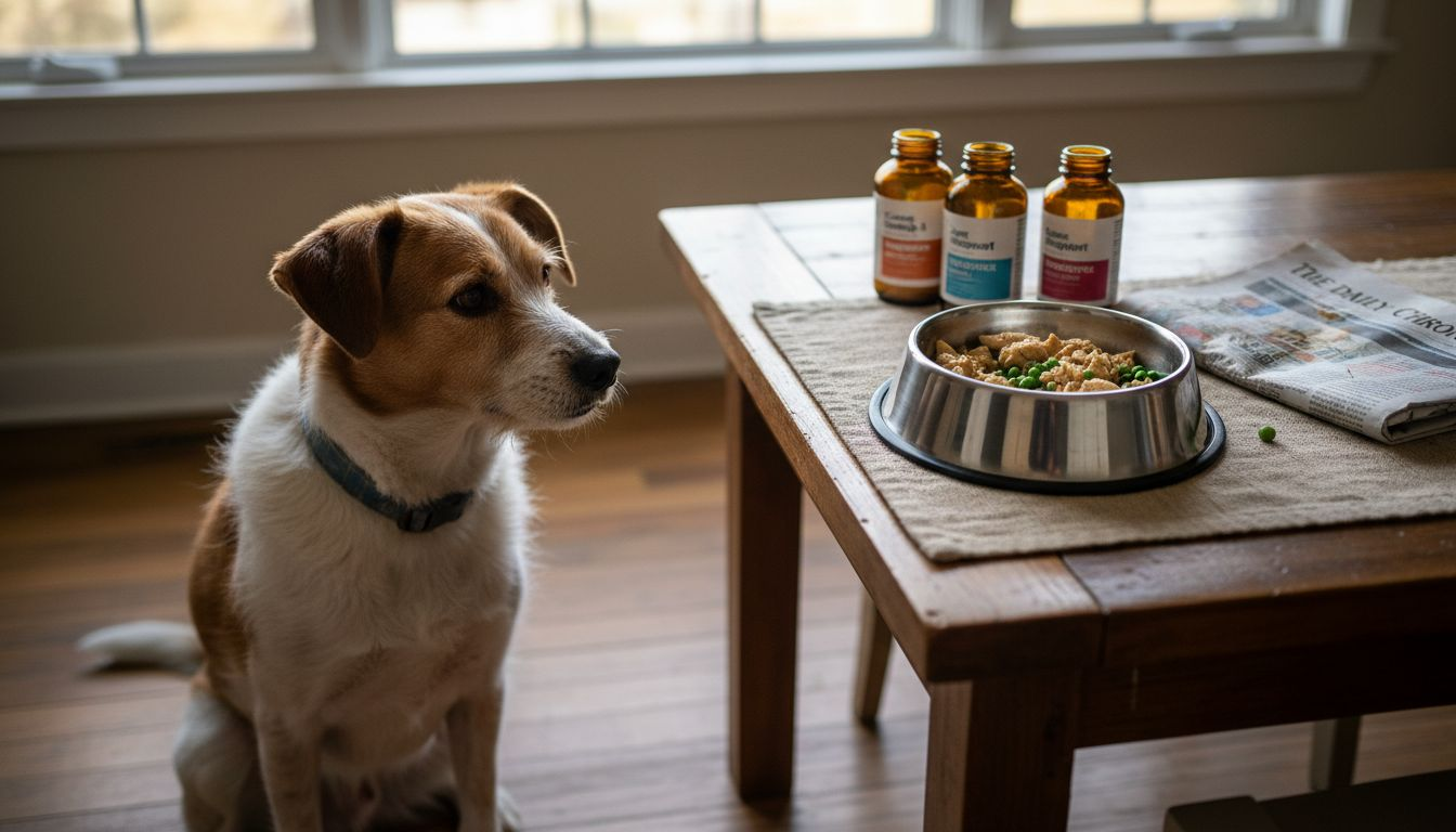 Dog sitting by bowl with nutrient-rich meal