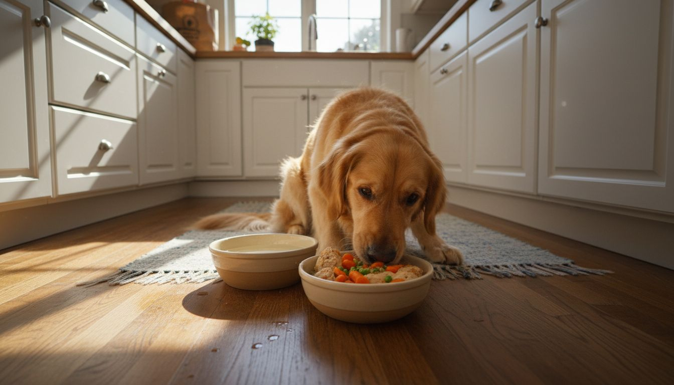 Dog eating whole ingredient food in kitchen