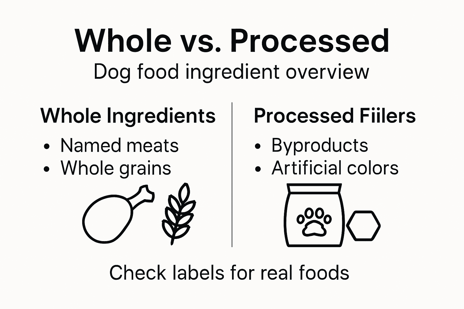 Infographic comparing whole and processed pet ingredients