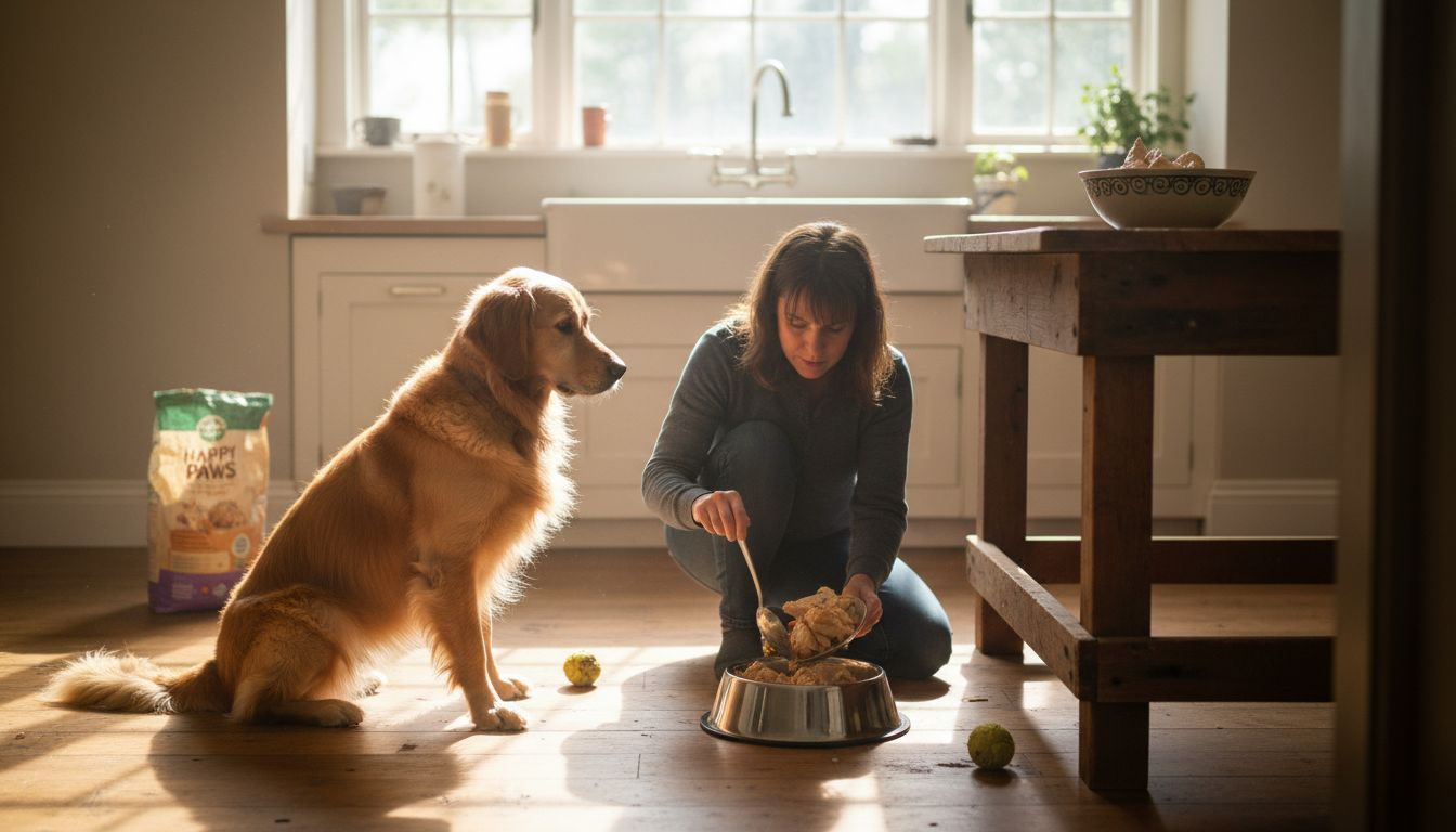 Dog watching owner prepare balanced meal