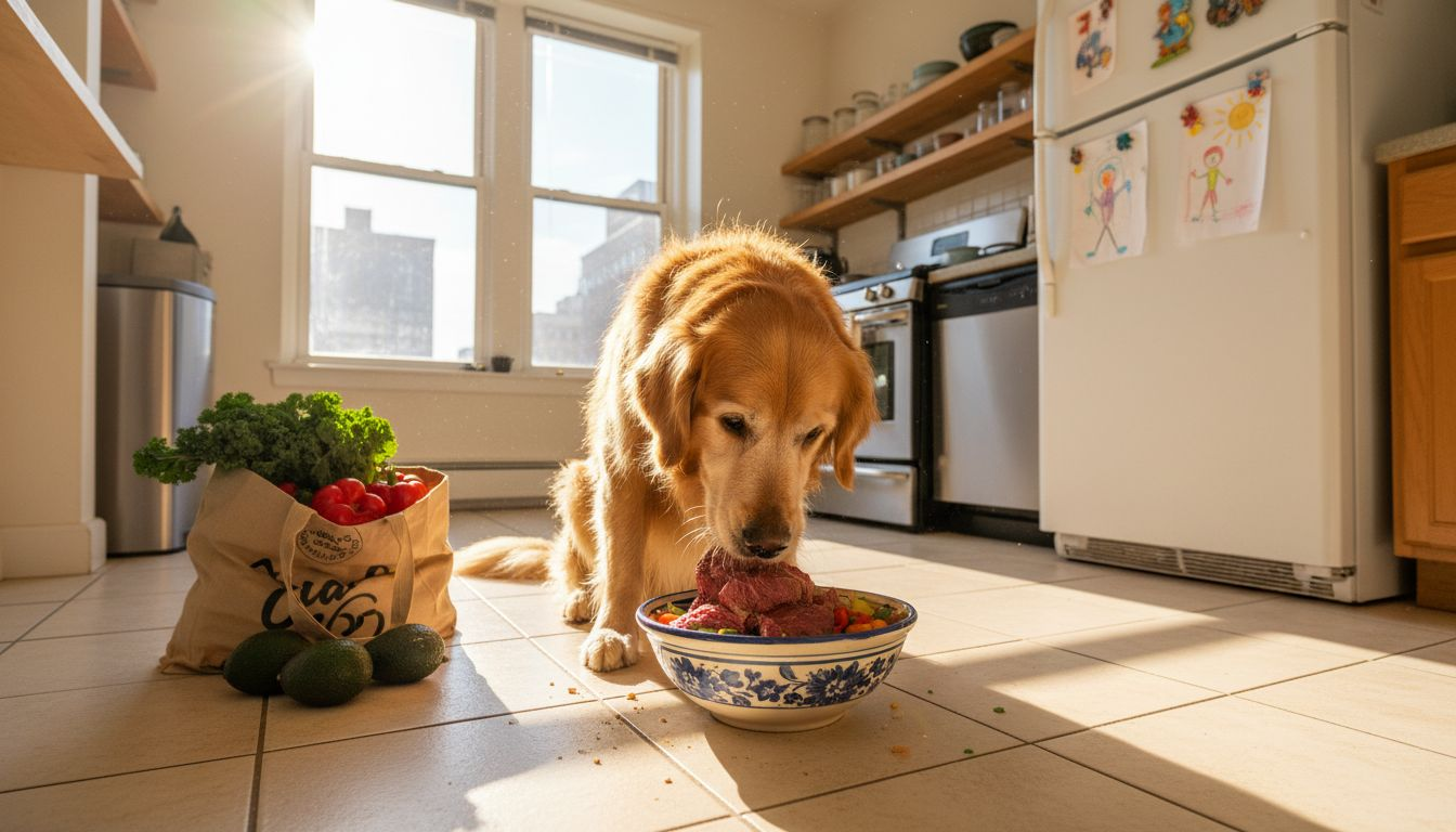 Golden retriever eating healthy dog food in kitchen