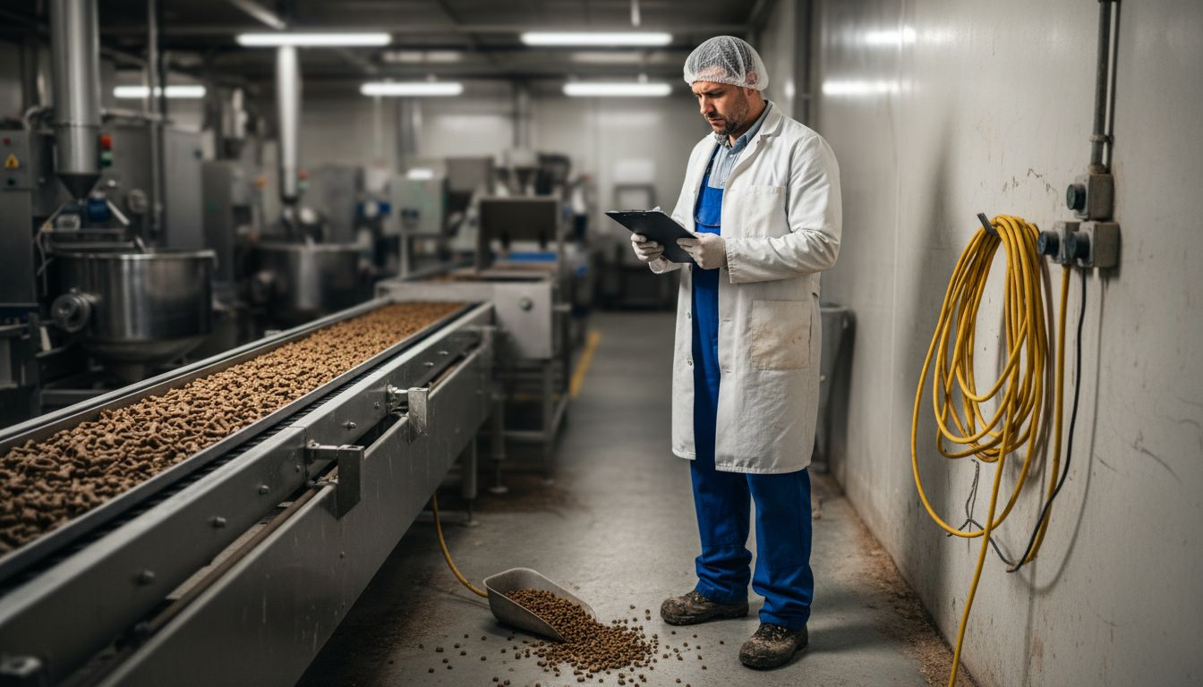 Inspector reviews pet food safety at factory