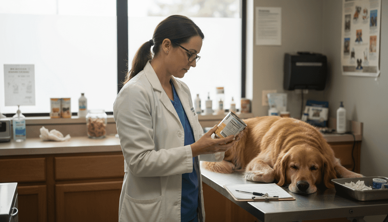 Veterinarian reading pet food label in exam room