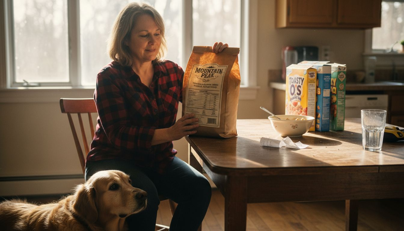 Pet owner reviewing premium dog food label