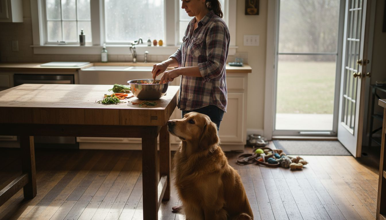 Dog watching wholesome meal preparation in kitchen