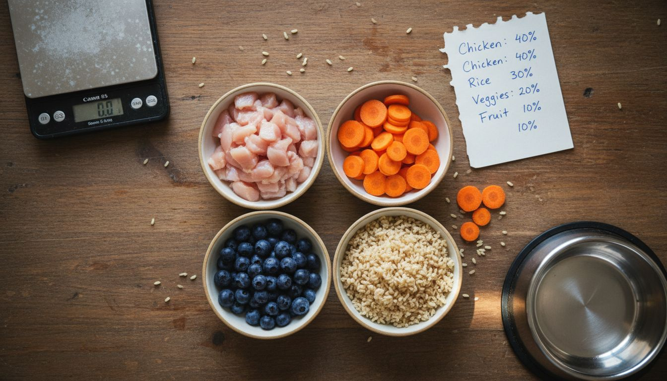 Flatlay of wholesome dog food ingredients