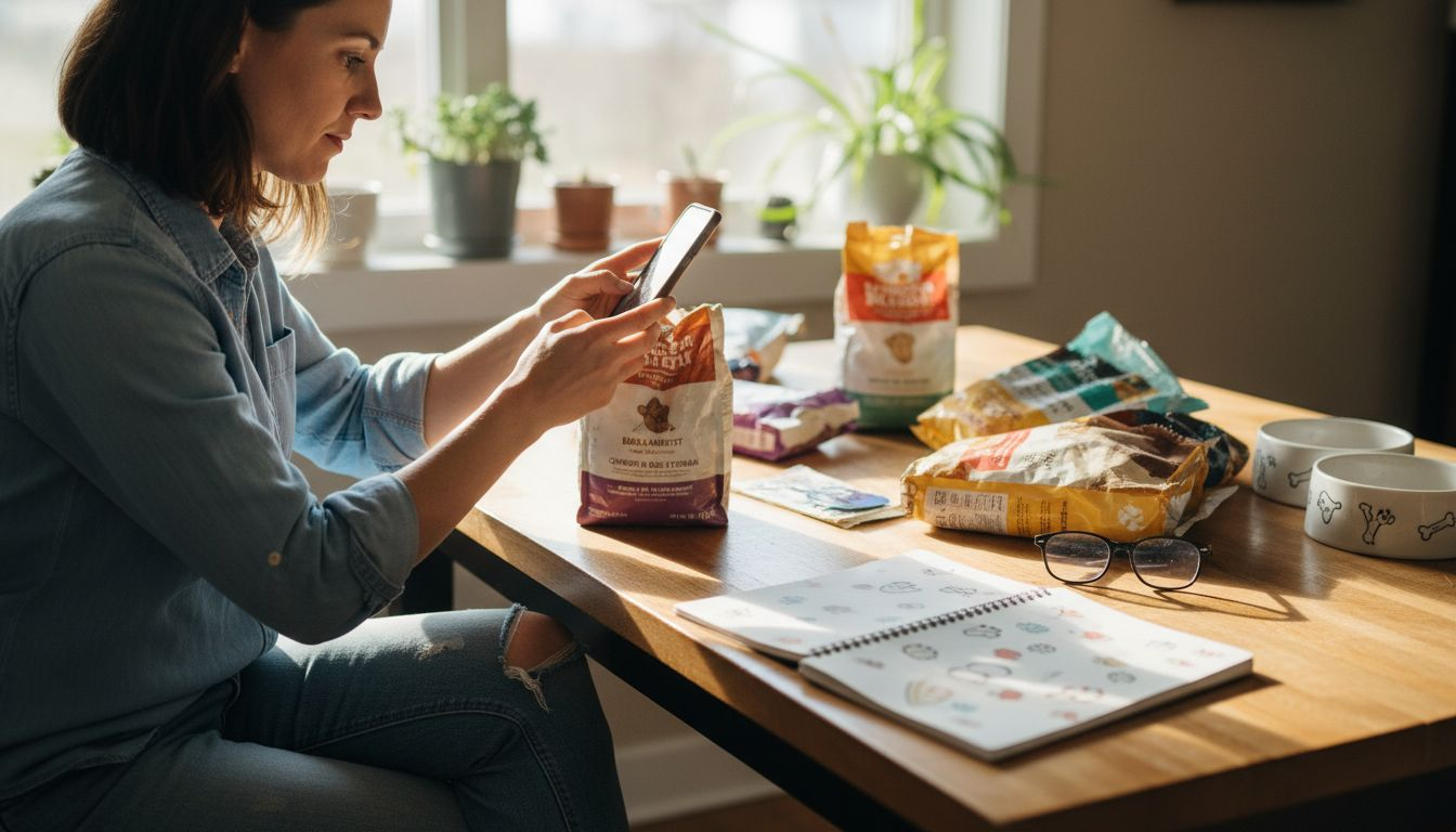 Woman reviewing dog food labels at table