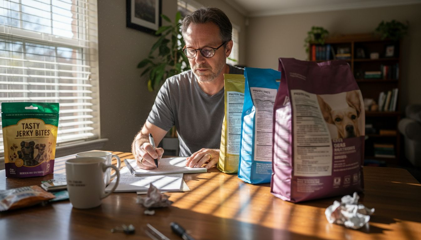 Man comparing dog food ingredient lists