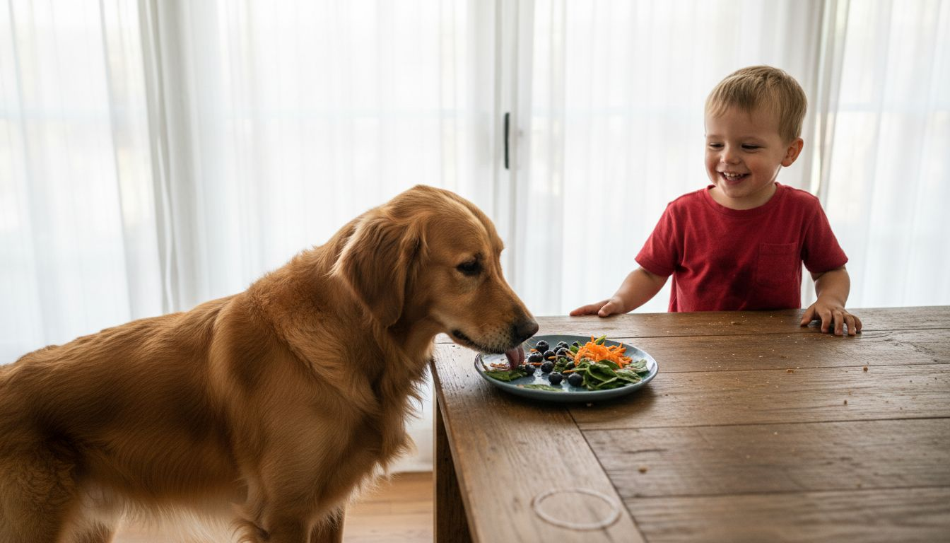 Dog eating fruits and vegetables from plate