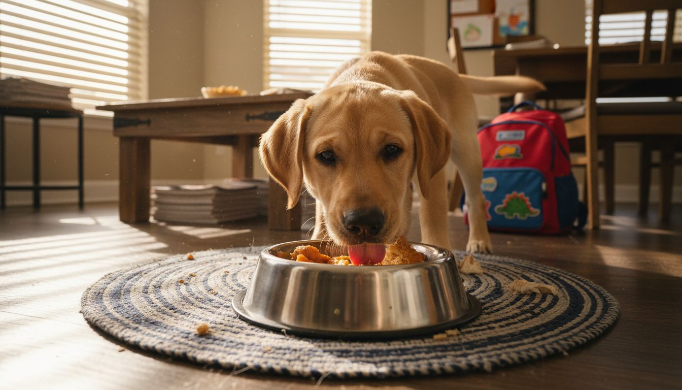 Puppy eating fresh food from bowl