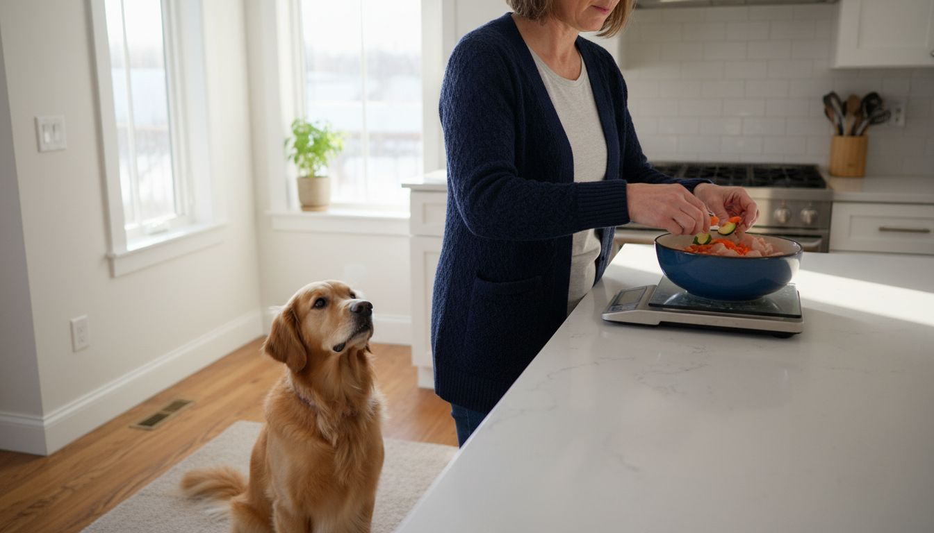 Owner measuring dog food in bright kitchen
