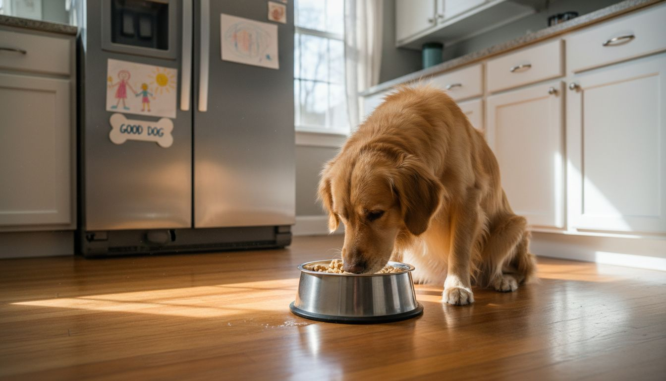 Golden retriever eating healthy dog food