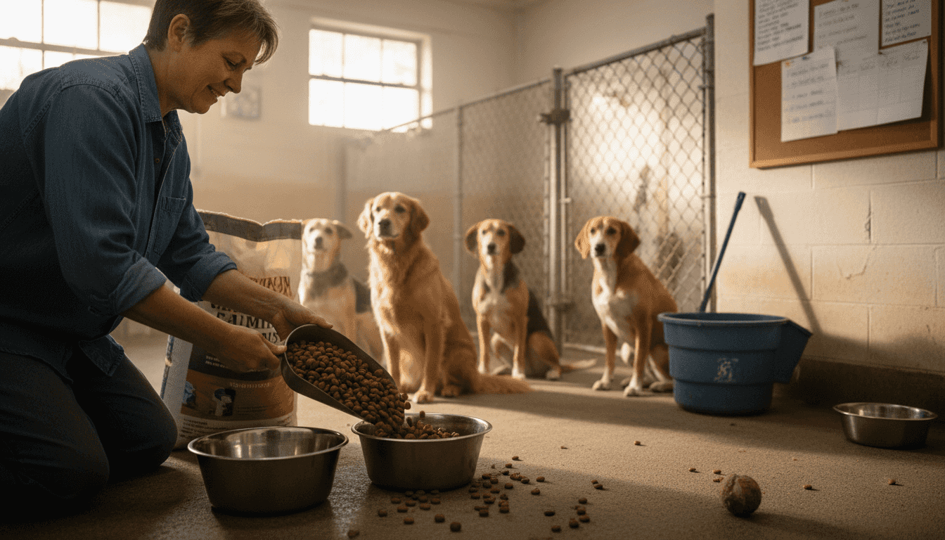 Shelter worker feeding dogs healthy food