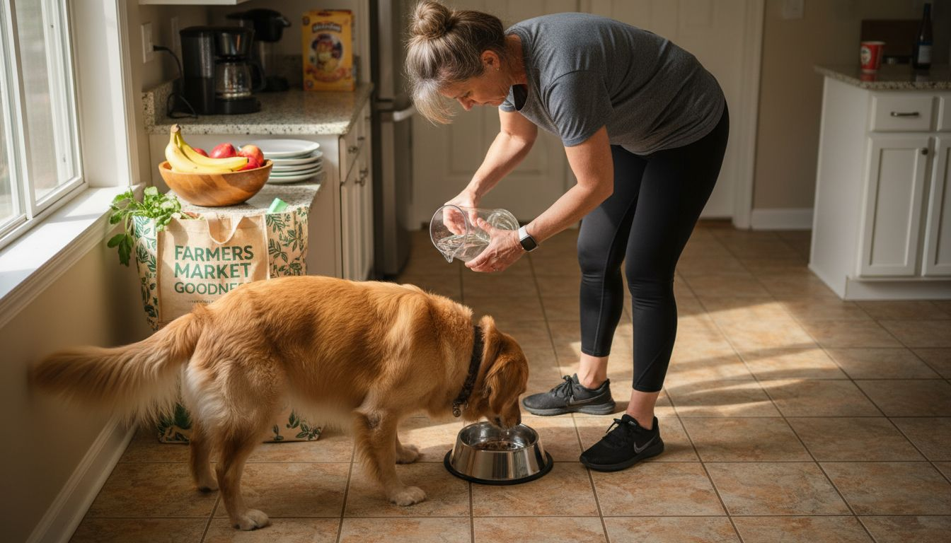 Dog eating human-grade food in kitchen