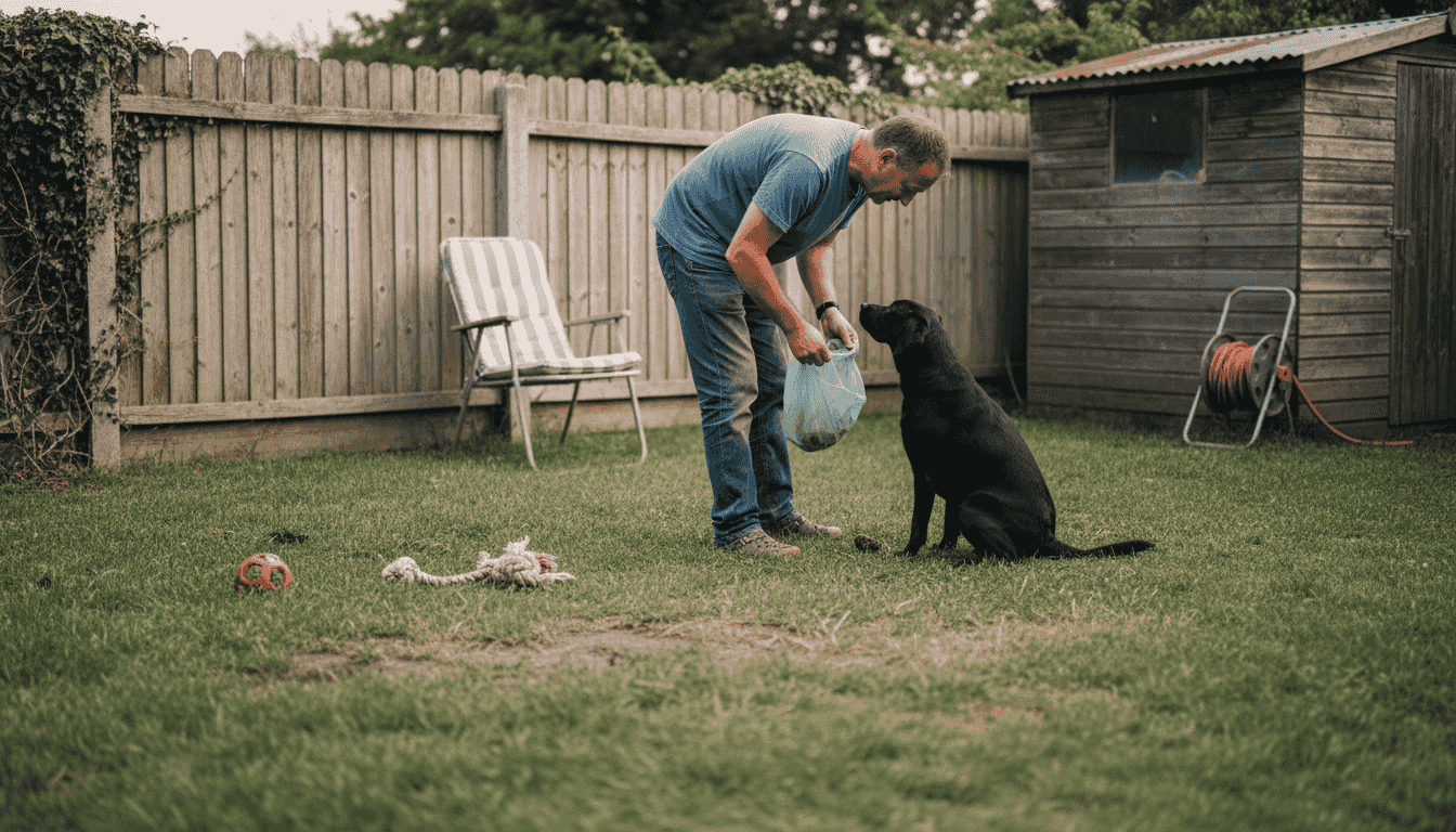 Owner cleaning up after healthy dog outside