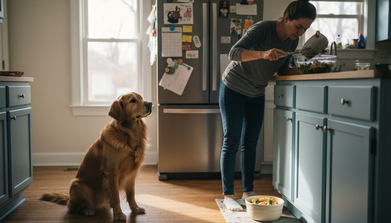 Dog served human-grade pet food in kitchen