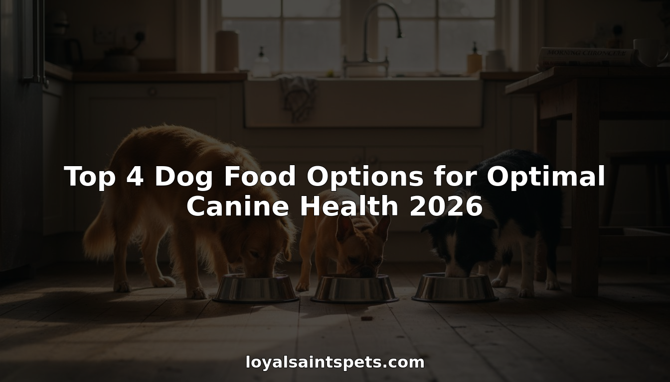 Dogs eating premium food in farmhouse kitchen