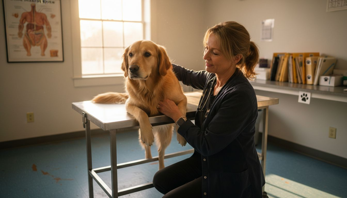 Vet checks dog in clinic for digestive health