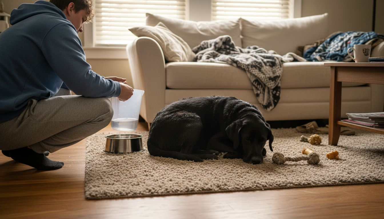 Dog showing digestive distress symptoms at home