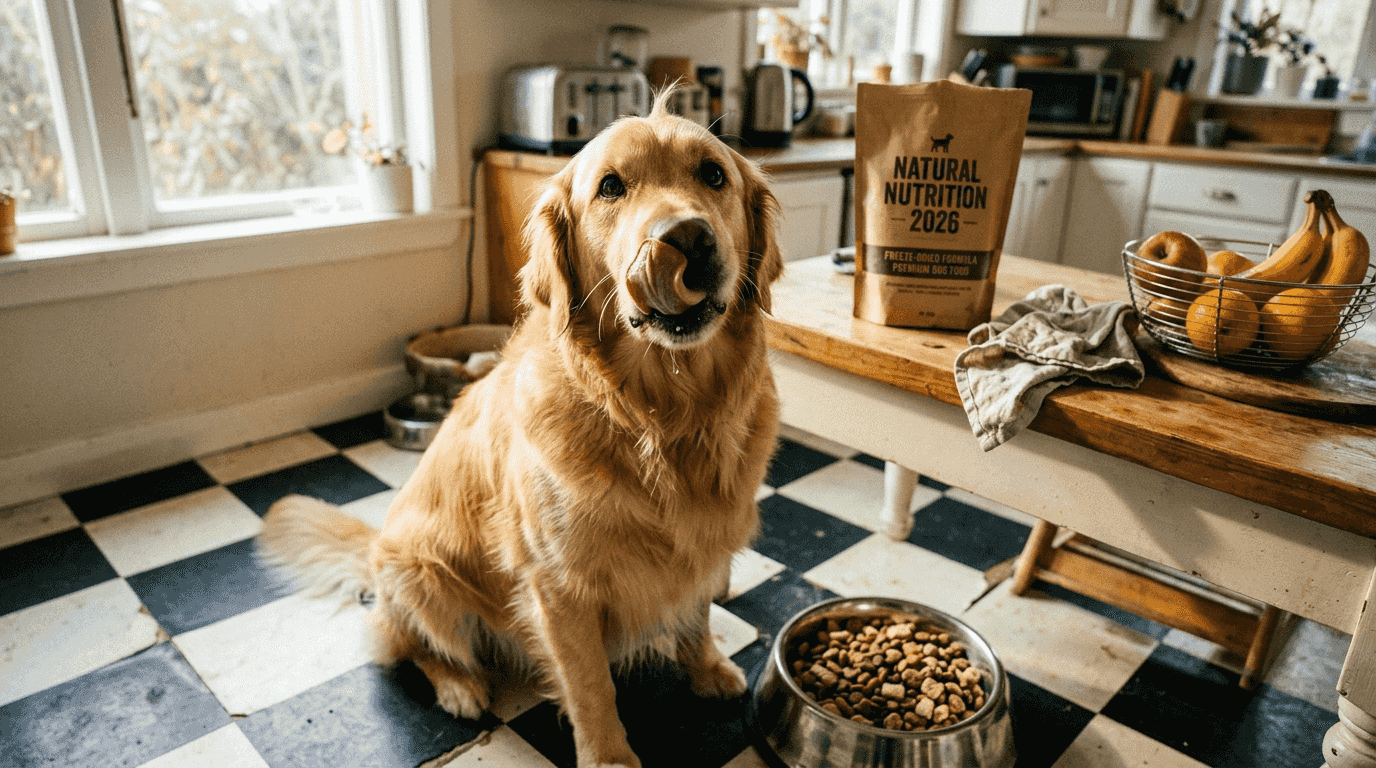 Golden retriever about to eat freeze-dried food