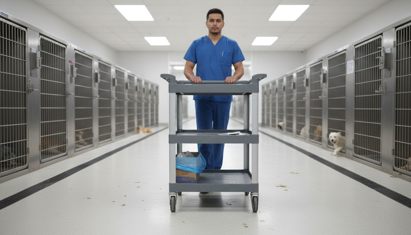 Shelter staff cleaning tidy kennel hallway